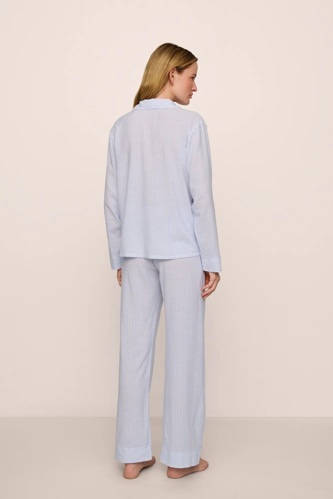 Model is wearing Nautico Long PJ Set in White/CornflowerBlue