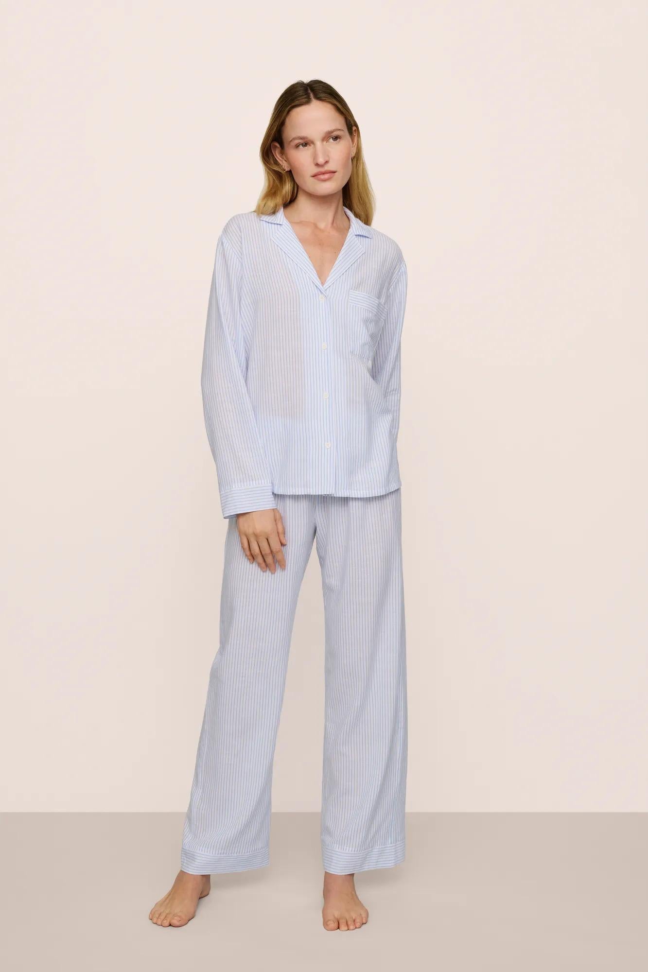 Model is wearing Nautico Long PJ Set in White/CornflowerBlue