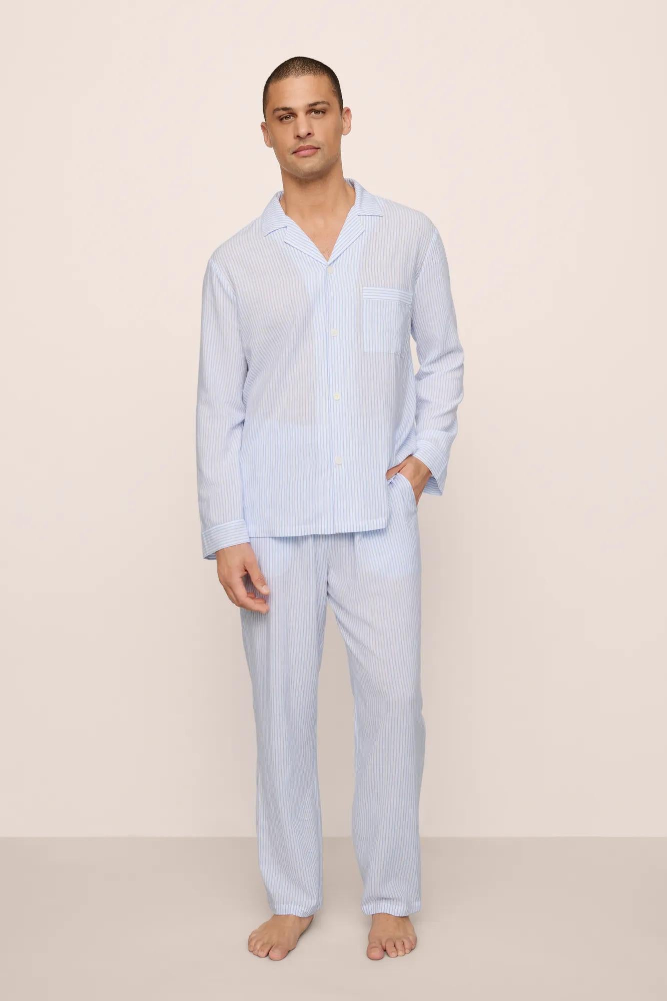 Model is wearing Men's Nautico Long PJ Set in White/CornflowerBlue