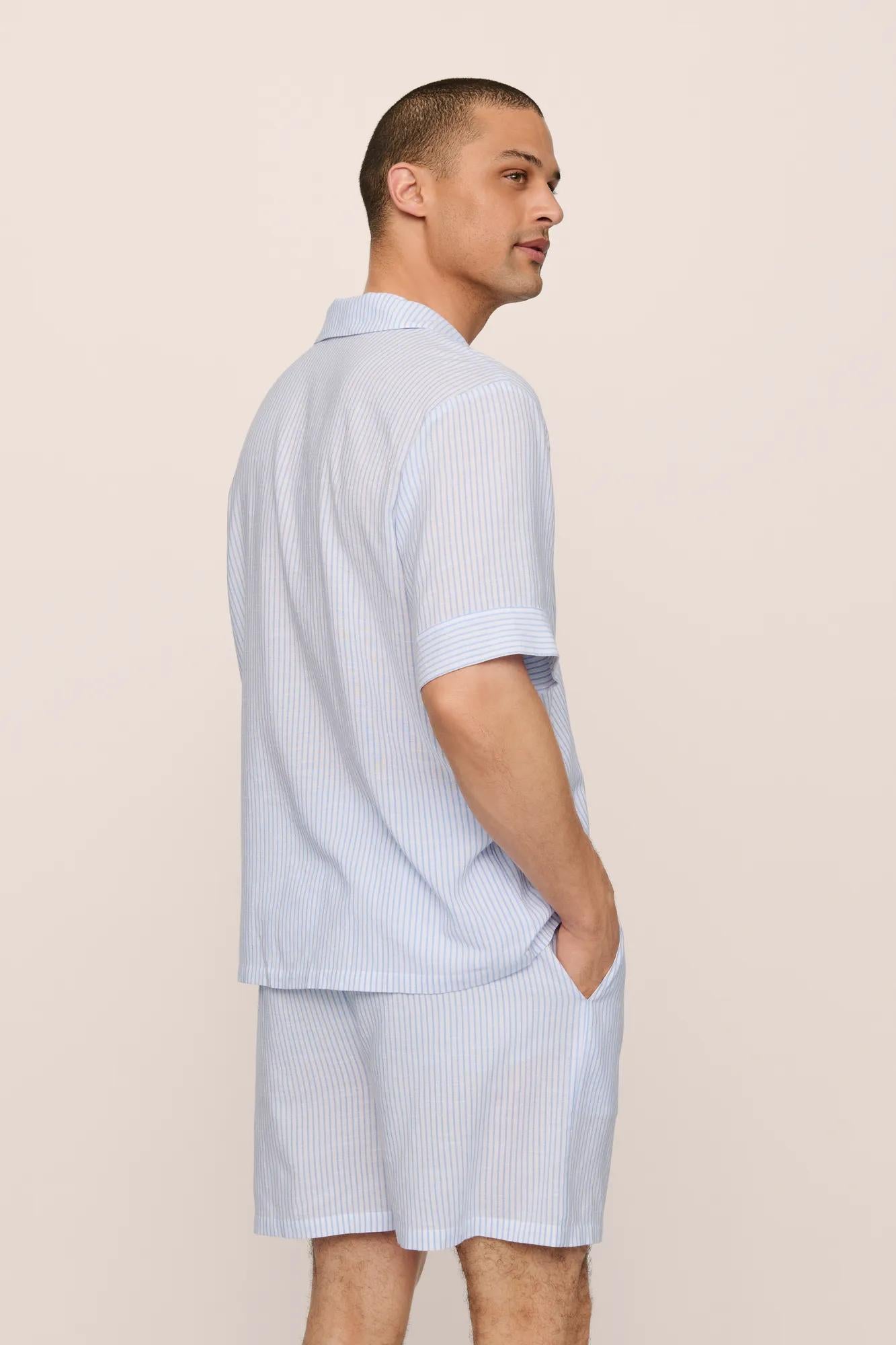 Model is wearing Men's Nautico Short PJ Set in White/CornflowerBlue