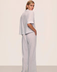 Model is wearing Nautico Relaxed Short Sleeve & Pant PJ Set in  Feeder Stripes Wh/Peppercorn