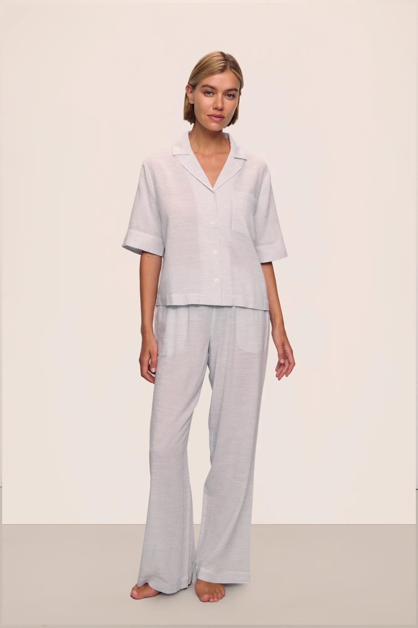 Model is wearing Nautico Relaxed Short Sleeve &amp; Pant PJ Set in  Feeder Stripes Wh/Peppercorn