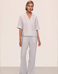 Model is wearing Nautico Relaxed Short Sleeve & Pant PJ Set in  Feeder Stripes Wh/Peppercorn