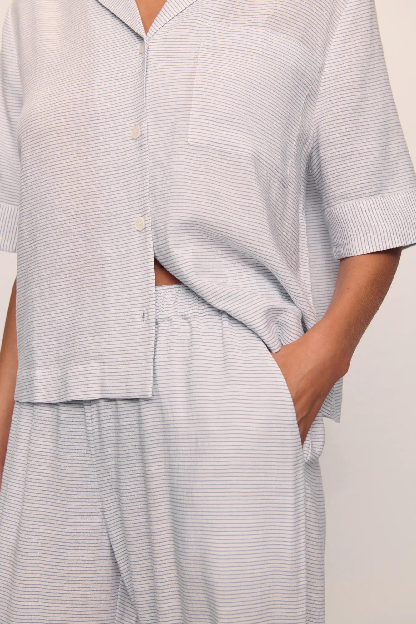 Model is wearing Nautico Relaxed Short Sleeve & Pant PJ Set in  Feeder Stripes Wh/Peppercorn