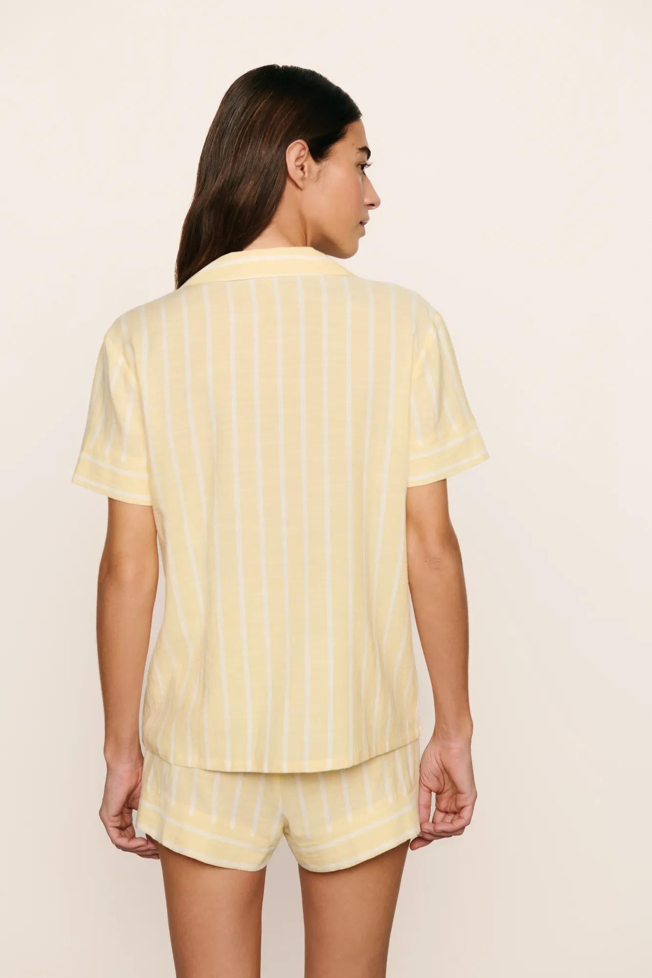 Model is wearing Nautico Shortie Short PJ Set in Classic Stripe Sunbeam/Ivory