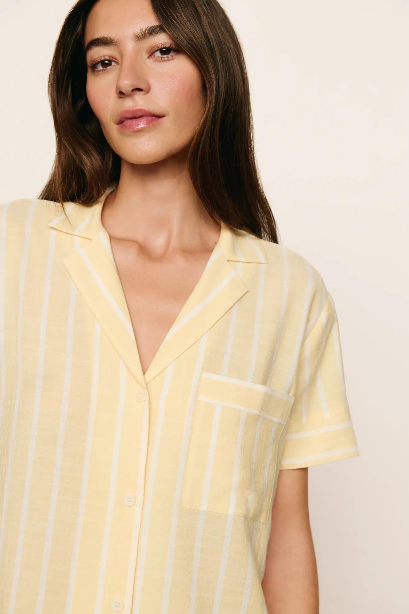 Model is wearing Nautico Shortie Short PJ Set in Classic Stripe Sunbeam/Ivory