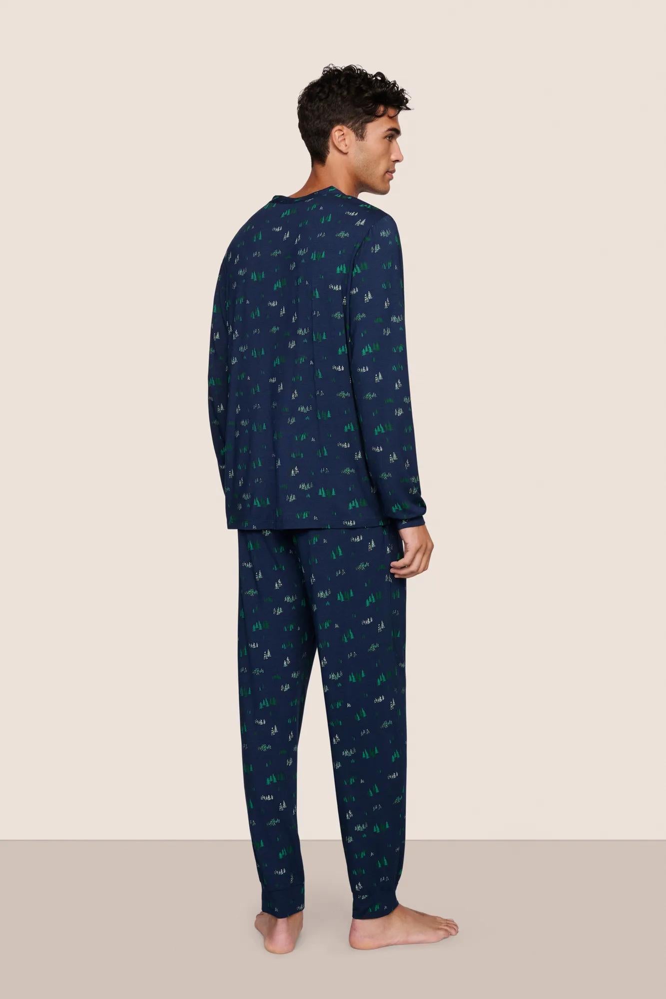 Model is wearing Henry Printed TENCEL™ Modal Long PJ Set  in Forest Pine Navy