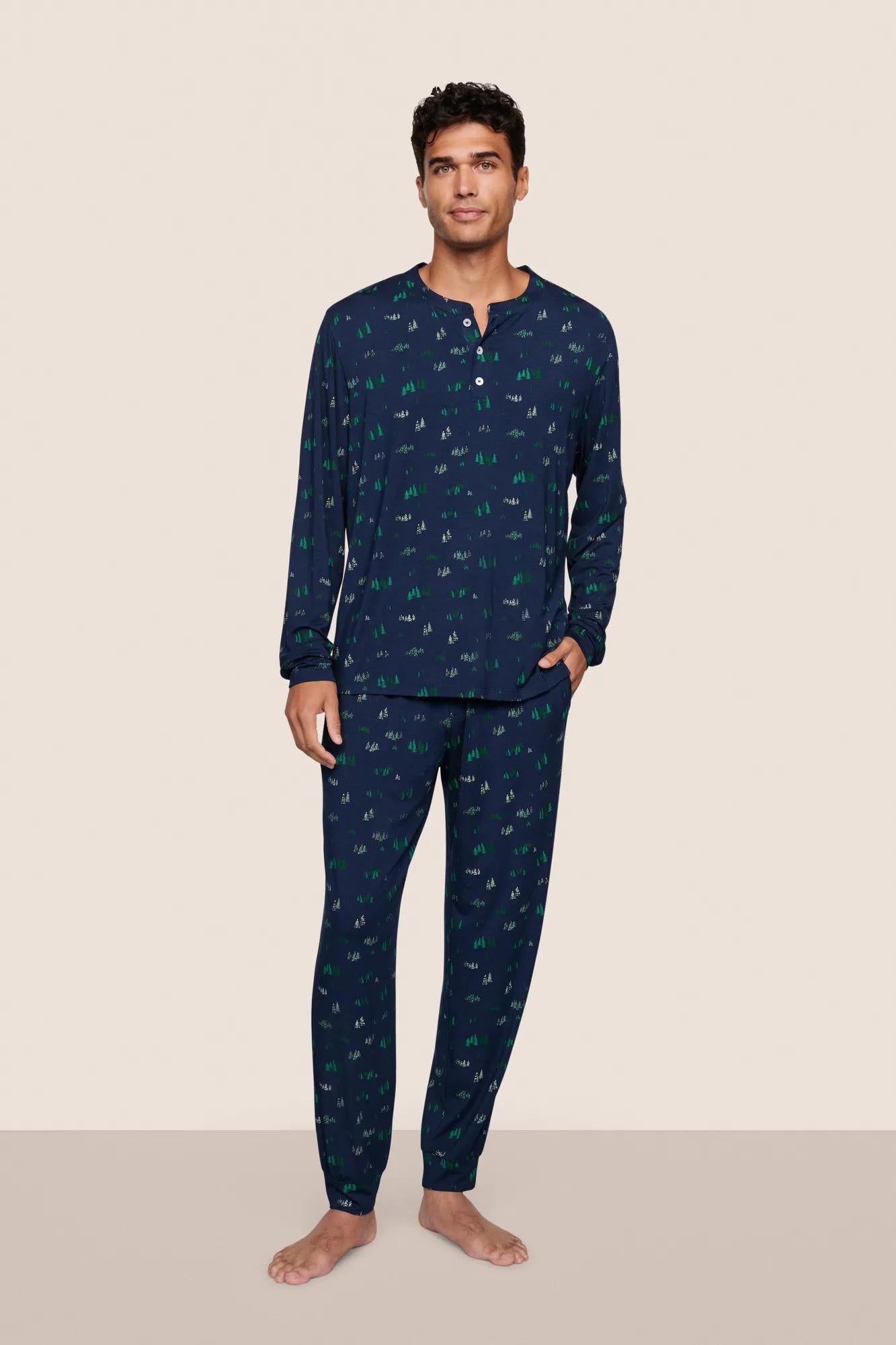 Model is wearing Henry Printed TENCEL™ Modal Long PJ Set  in Forest Pine Navy