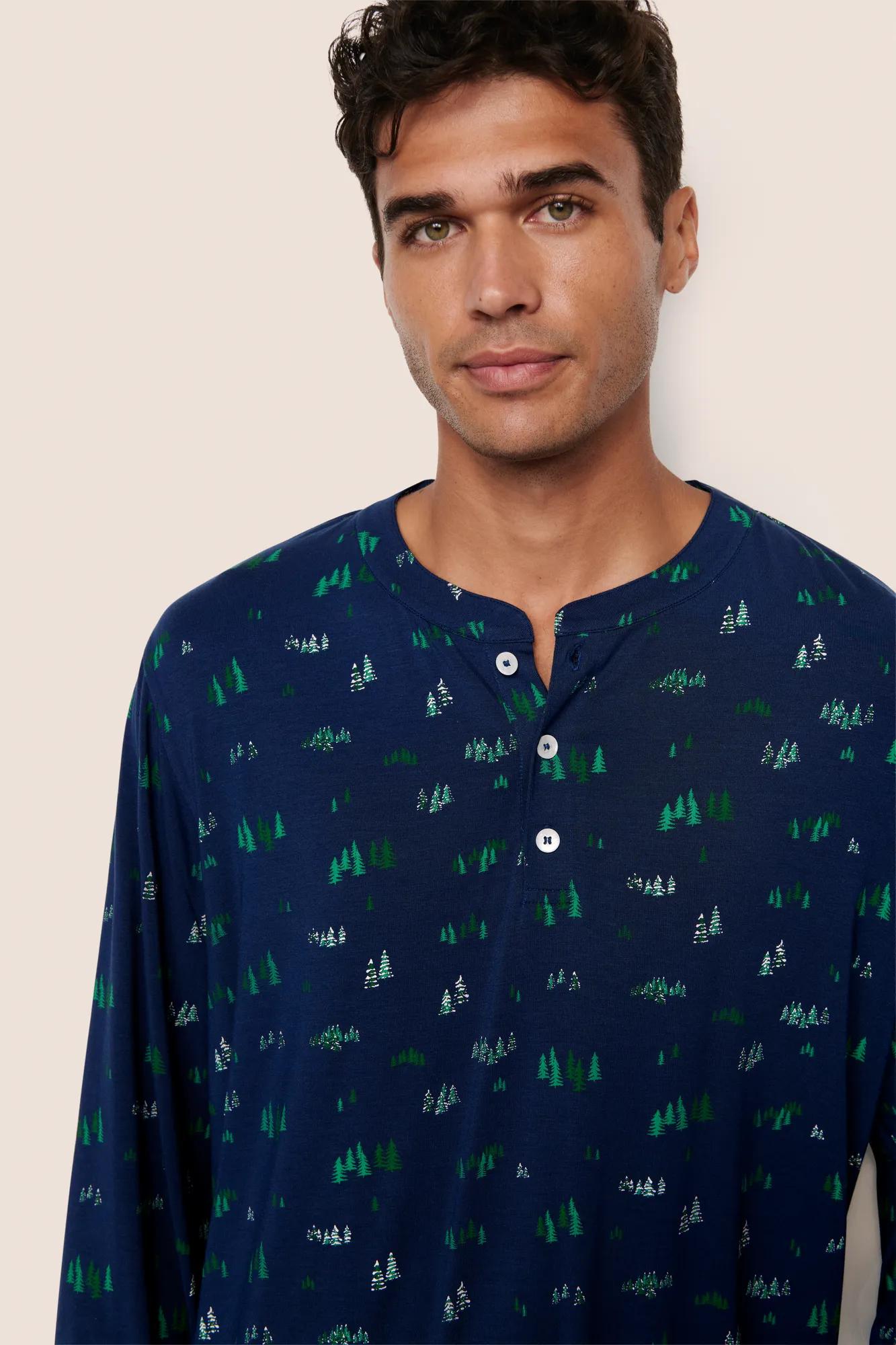 Model is wearing Henry Printed TENCEL™ Modal Long PJ Set  in Forest Pine Navy