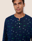 Model is wearing Henry Printed TENCEL™ Modal Long PJ Set  in Forest Pine Navy