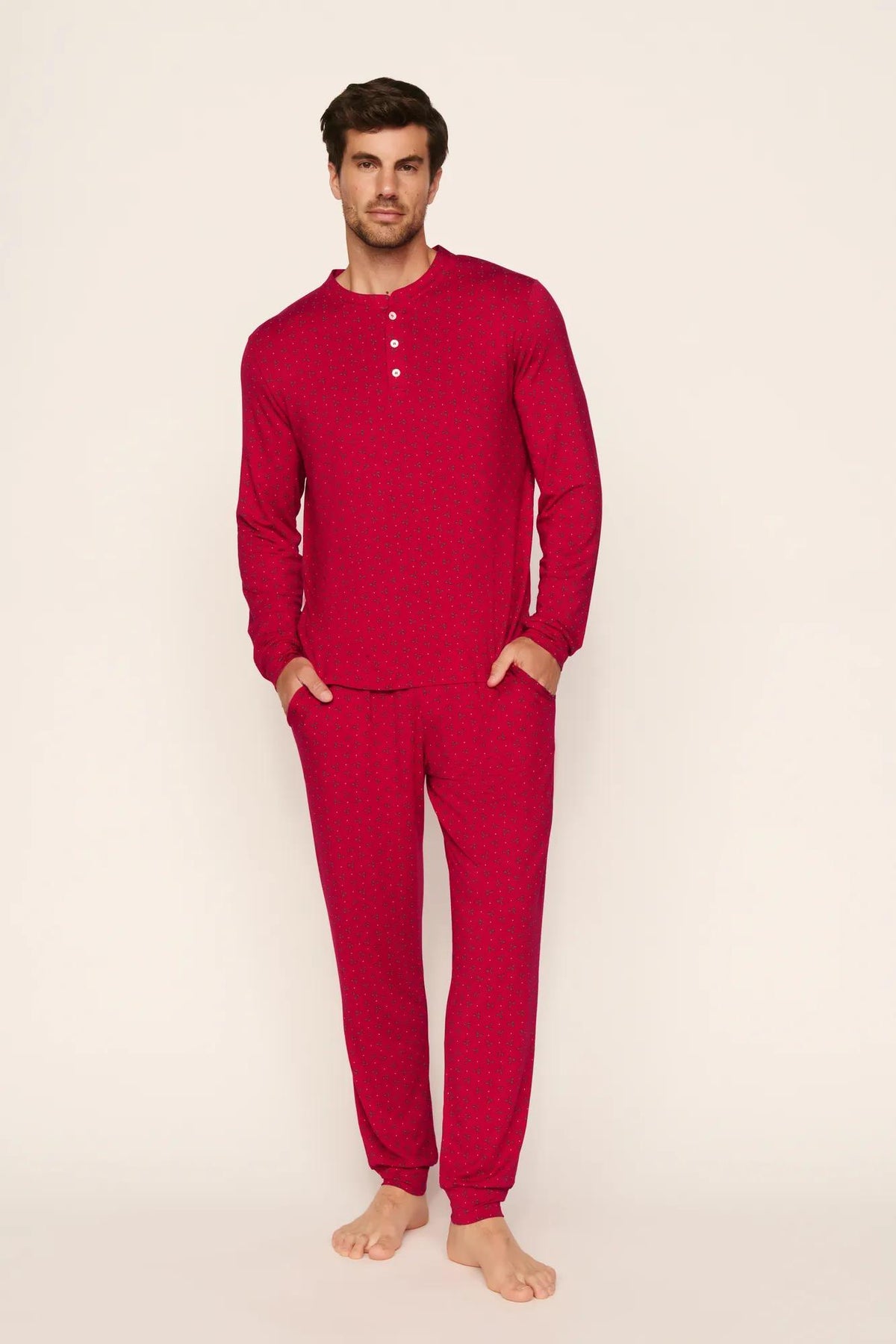 Model is wearing Henry Printed TENCEL™ Modal Long PJ Set in Hollyberry Holly Red