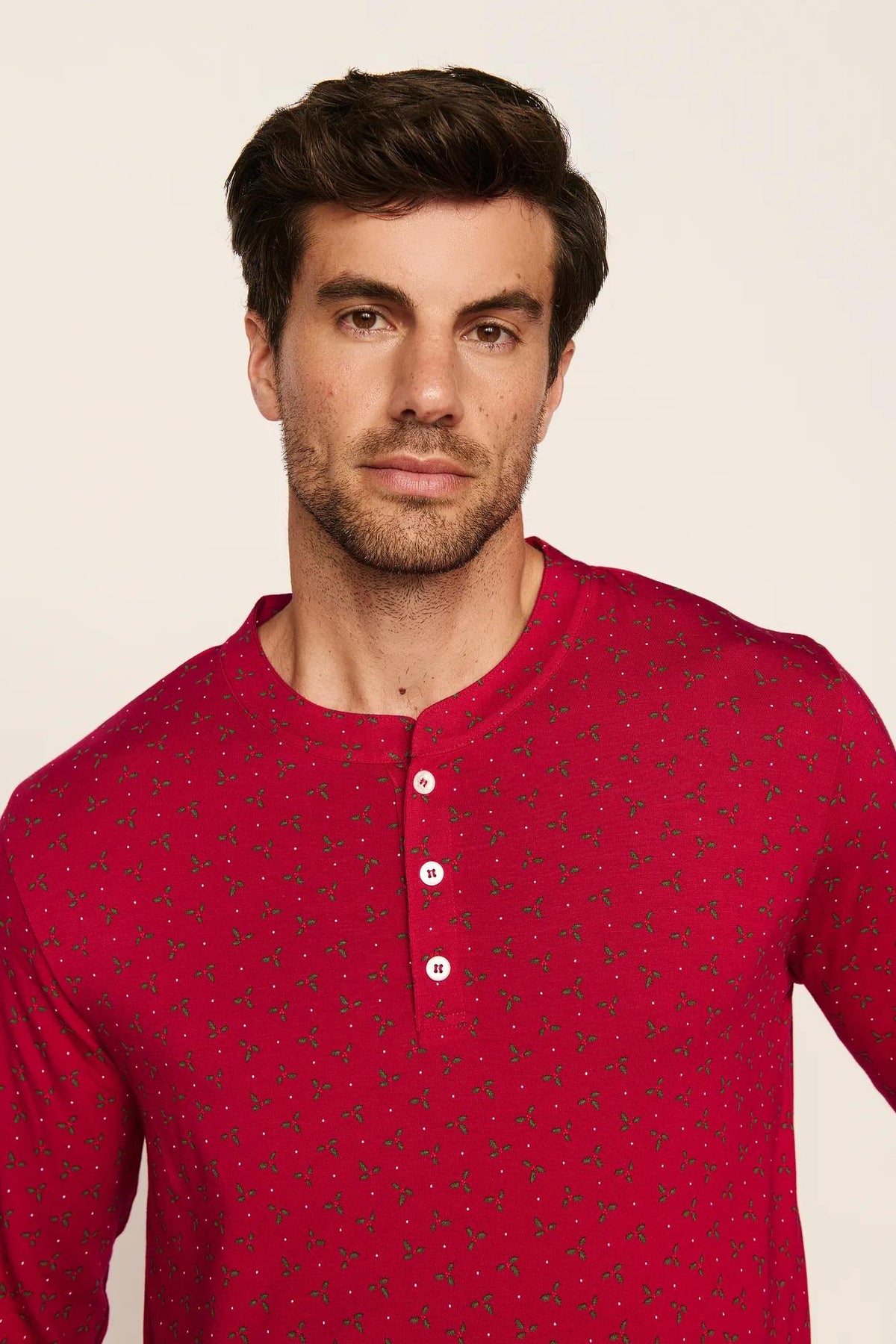 Model is wearing Henry Printed TENCEL™ Modal Long PJ Set in Hollyberry Holly Red