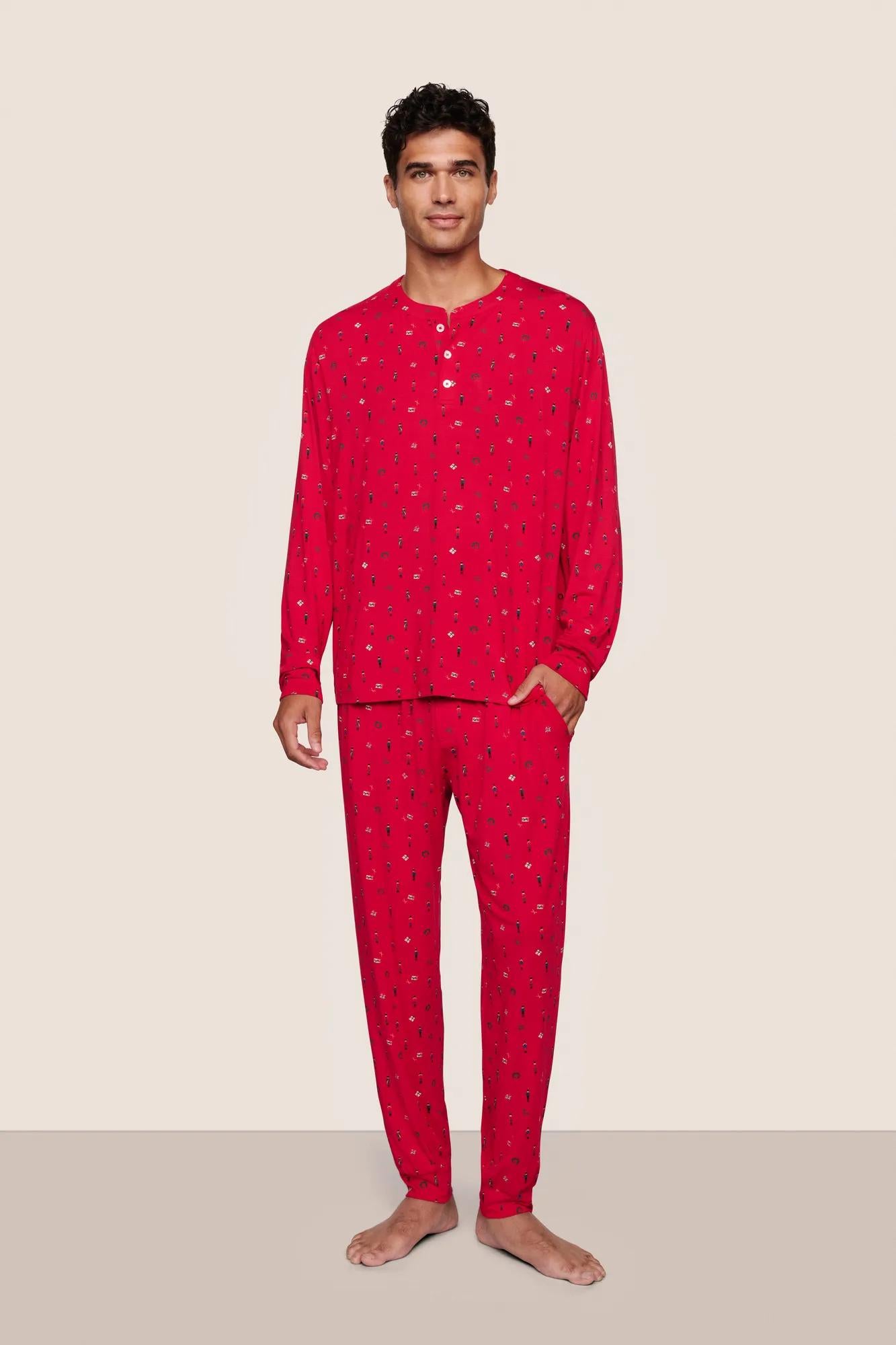 Model is wearing Henry Printed TENCEL™ Modal Long PJ Set  in Nutcracker Holly Red
