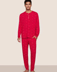 Model is wearing Henry Printed TENCEL™ Modal Long PJ Set  in Nutcracker Holly Red