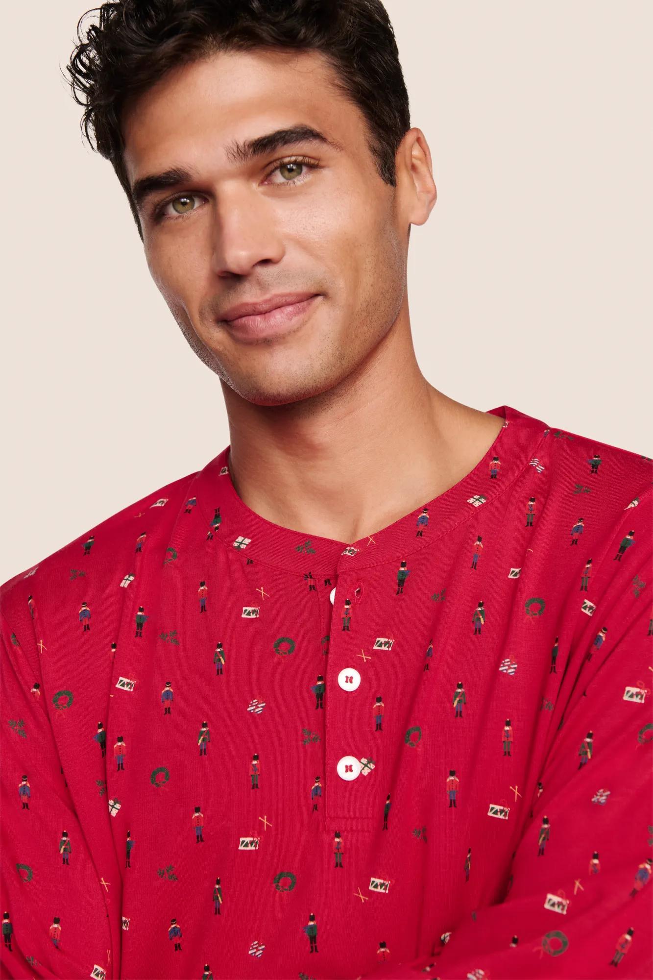 Model is wearing Henry Printed TENCEL™ Modal Long PJ Set  in Nutcracker Holly Red