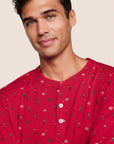 Model is wearing Henry Printed TENCEL™ Modal Long PJ Set  in Nutcracker Holly Red