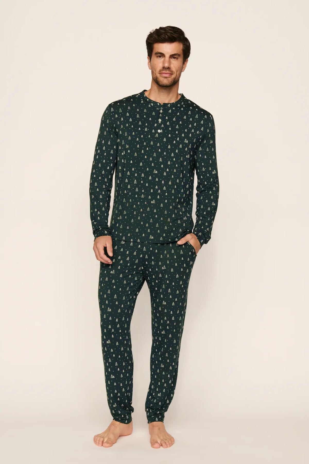 Model is wearing Henry Printed TENCEL™ Modal Long PJ Set in Winter Pine