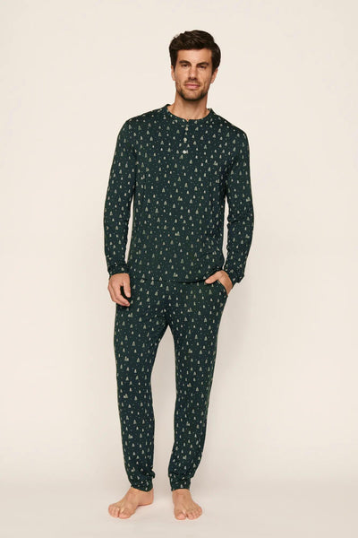 Model is wearing Henry Printed TENCEL™ Modal Long PJ Set in Winter Pine