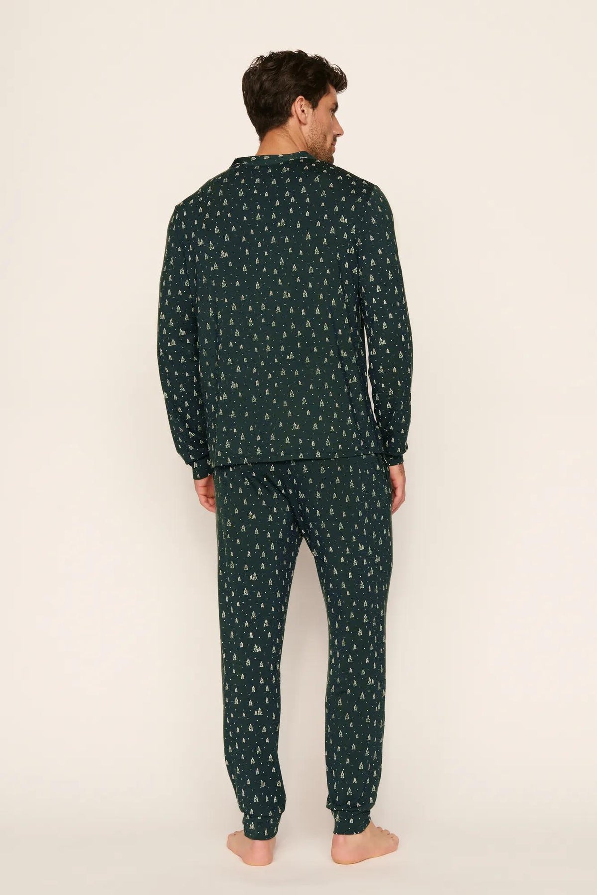 Model is wearing Henry Printed TENCEL™ Modal Long PJ Set in Winter Pine