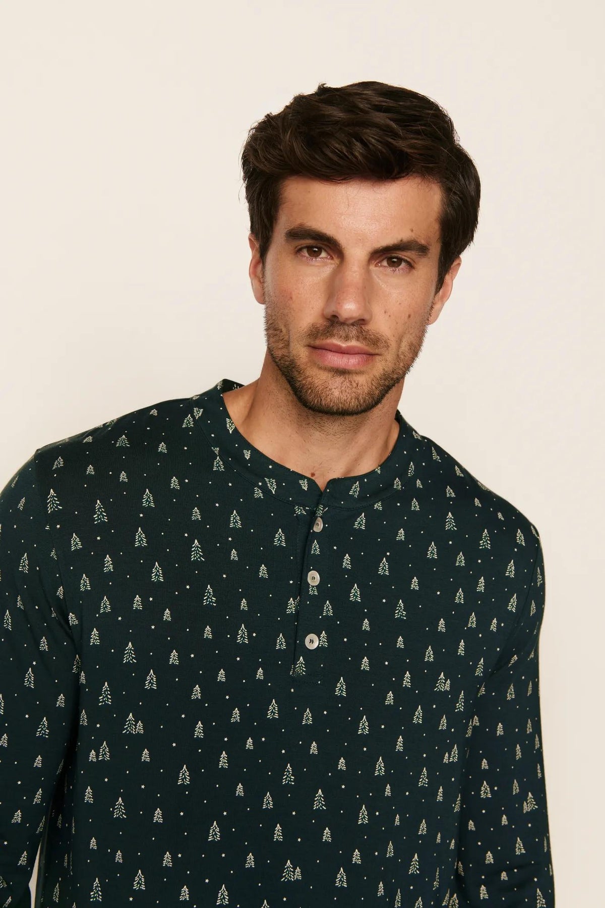 Model is wearing Henry Printed TENCEL™ Modal Long PJ Set in Winter Pine