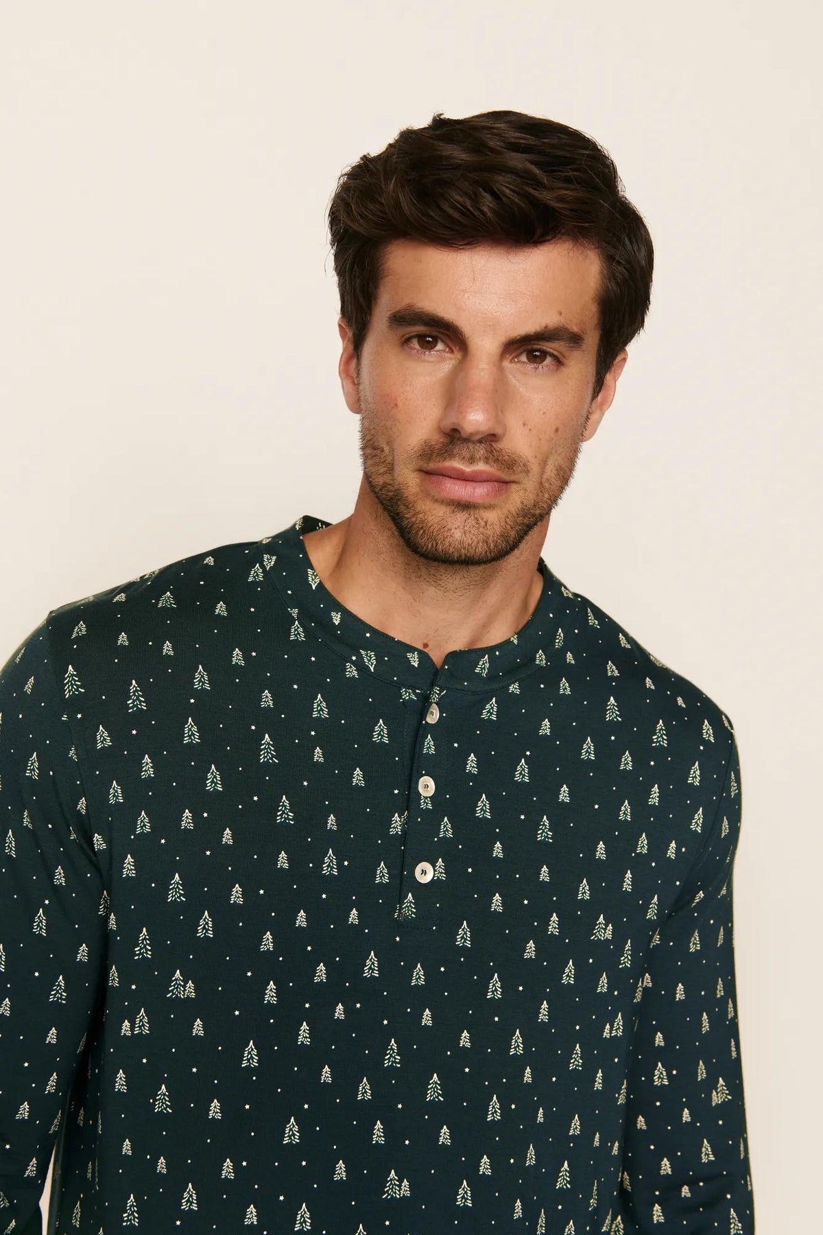 Model is wearing Henry Printed TENCEL™ Modal Long PJ Set in Winter Pine
