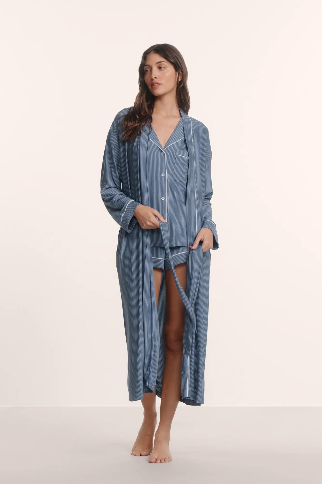 Model is wearing Gisele Printed TENCEL™ Modal Long Robe in Duo Stripe Slate Blue/Ivory