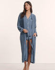 Model is wearing Gisele Printed TENCEL™ Modal Long Robe in Duo Stripe Slate Blue/Ivory