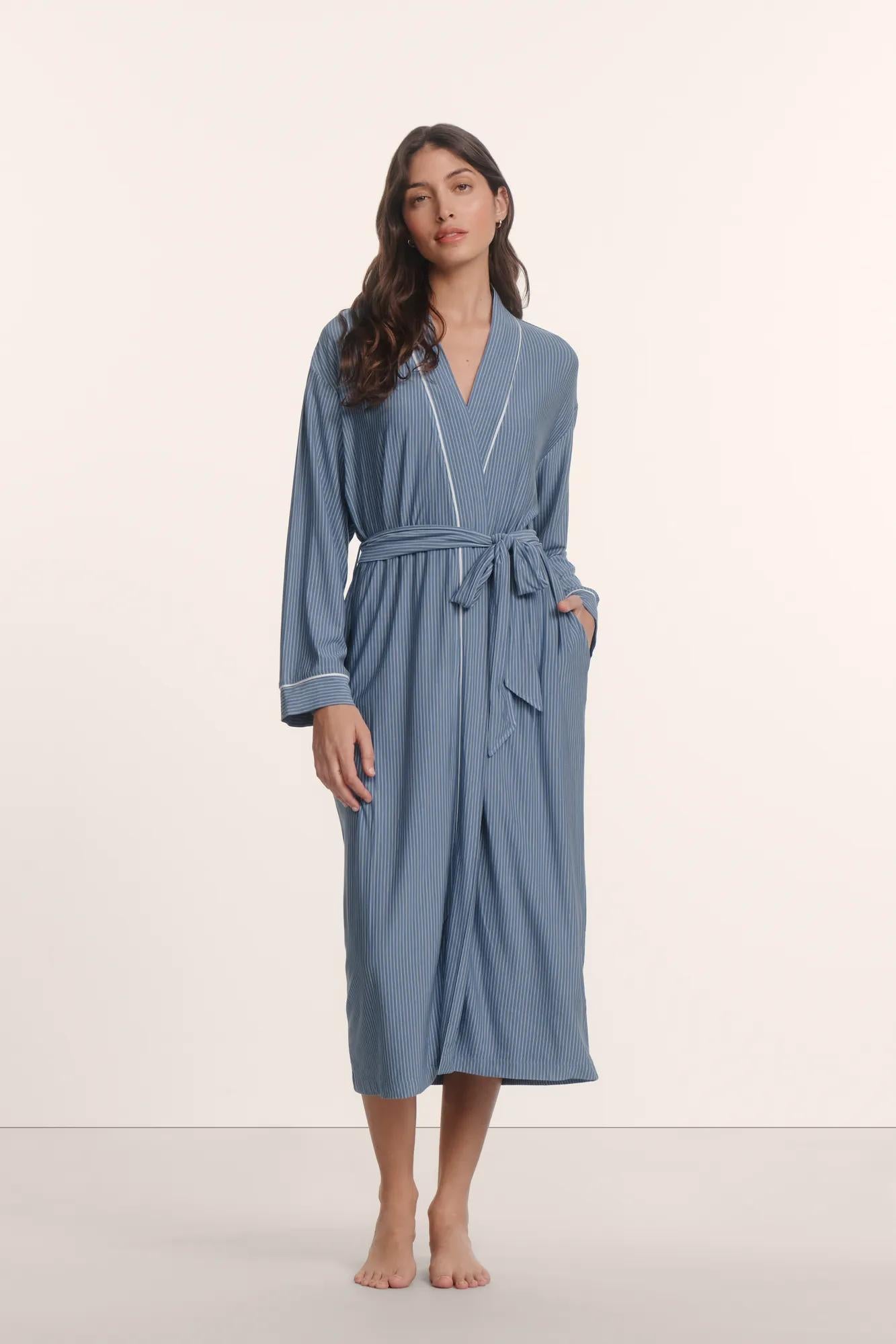 Model is wearing Gisele Printed TENCEL™ Modal Long Robe in Duo Stripe Slate Blue/Ivory