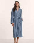 Model is wearing Gisele Printed TENCEL™ Modal Long Robe in Duo Stripe Slate Blue/Ivory