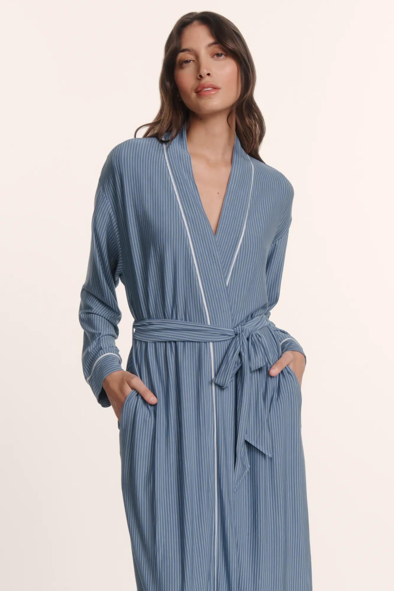 Model is wearing Gisele Printed TENCEL™ Modal Long Robe in Duo Stripe Slate Blue/Ivory