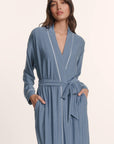 Model is wearing Gisele Printed TENCEL™ Modal Long Robe in Duo Stripe Slate Blue/Ivory