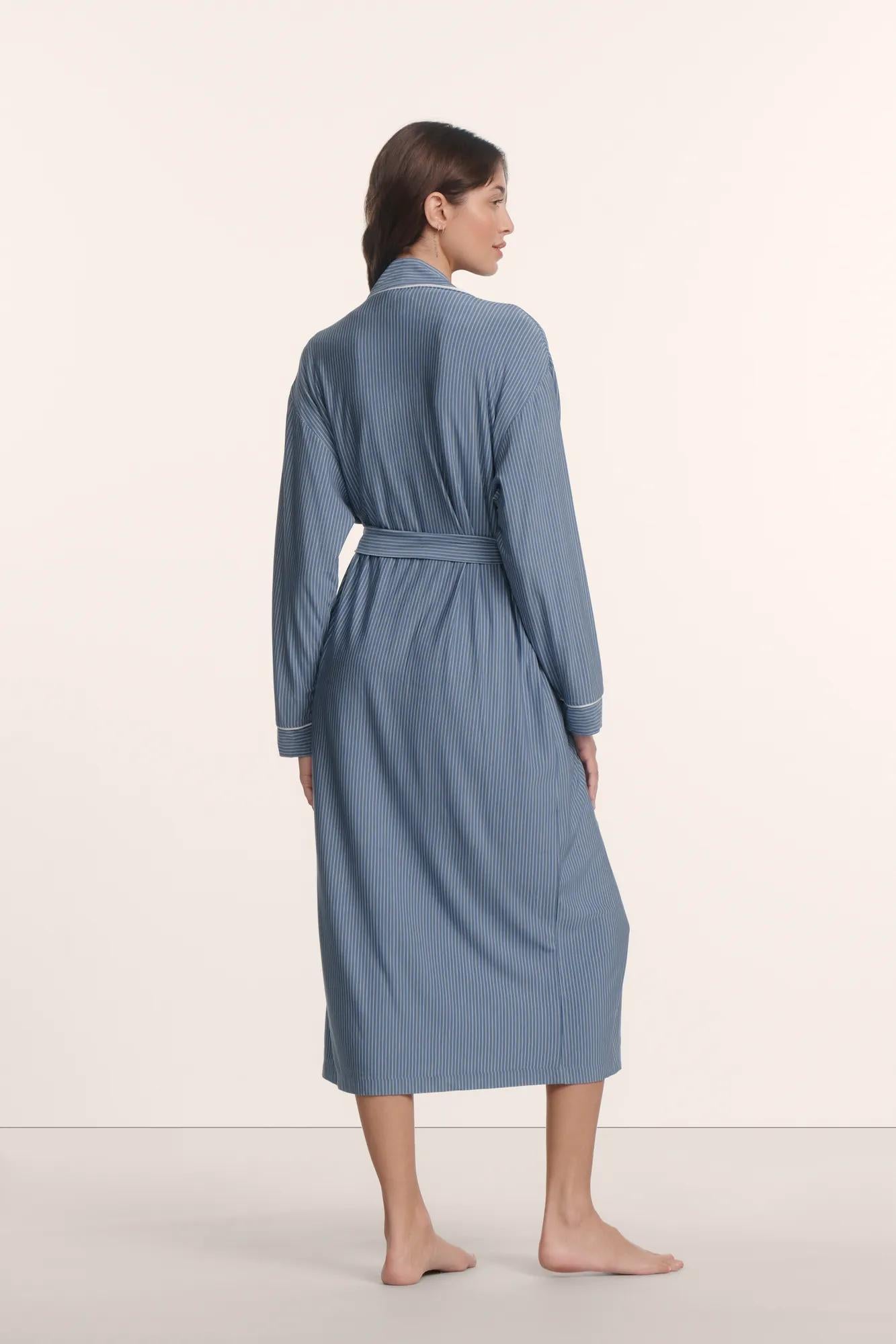 Model is wearing Gisele Printed TENCEL™ Modal Long Robe in Duo Stripe Slate Blue/Ivory