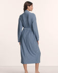 Model is wearing Gisele Printed TENCEL™ Modal Long Robe in Duo Stripe Slate Blue/Ivory
