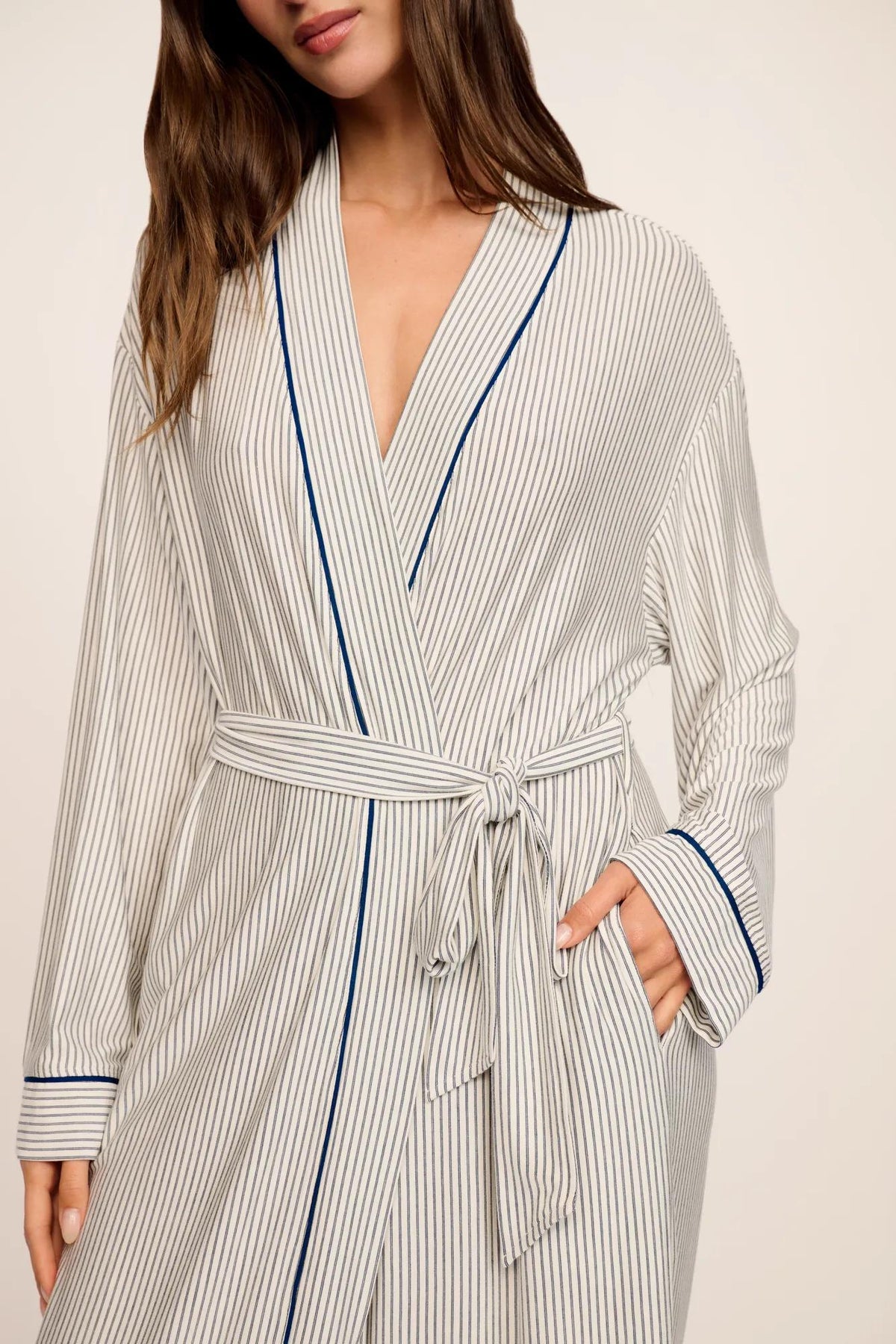 Model is wearing Gisele Printed TENCEL™ Modal Long Robe in Duo Stripe Ivory/Navy