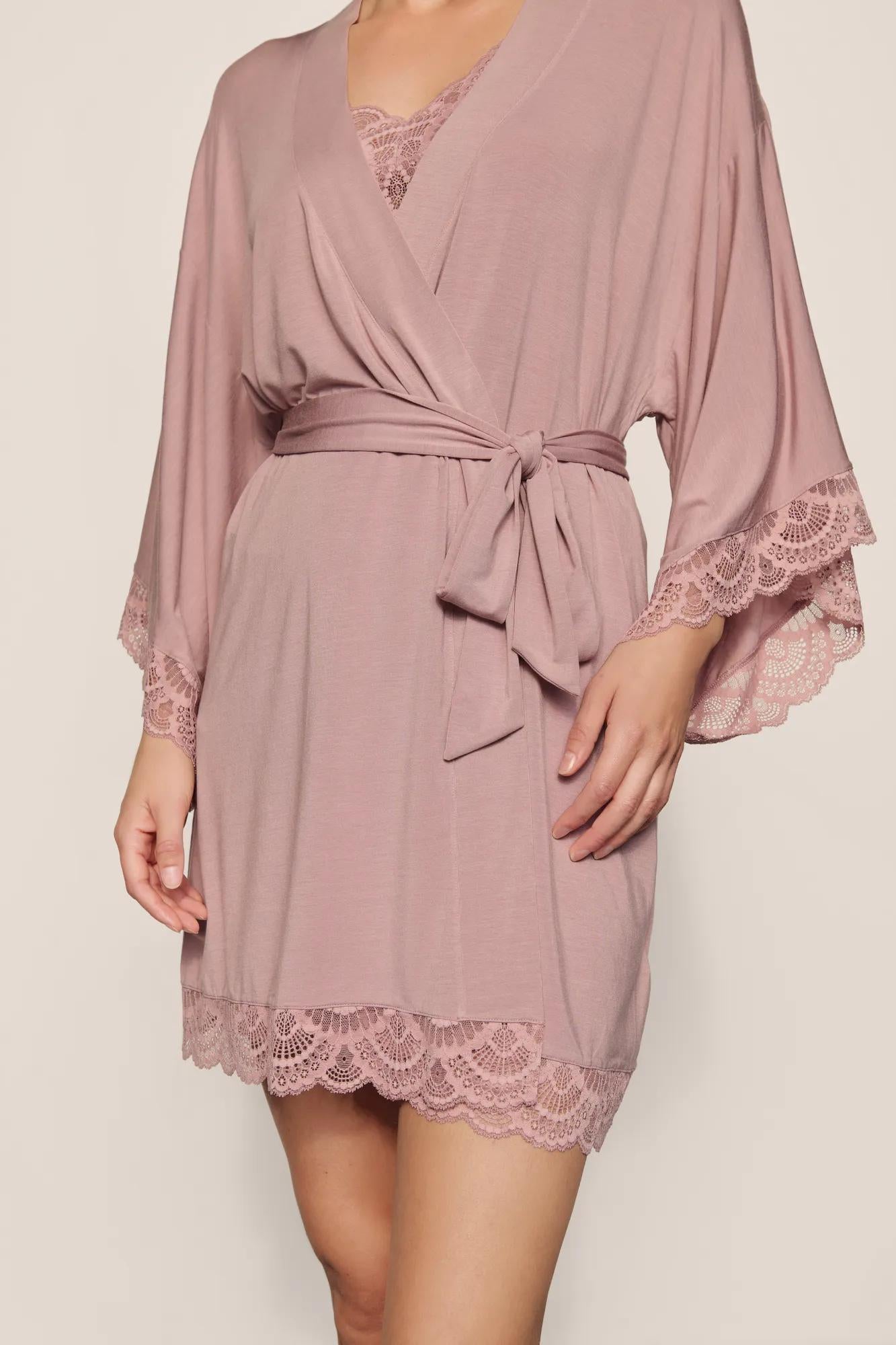 Model is wearing Mariana TENCEL™ Modal Robe in Woodrose