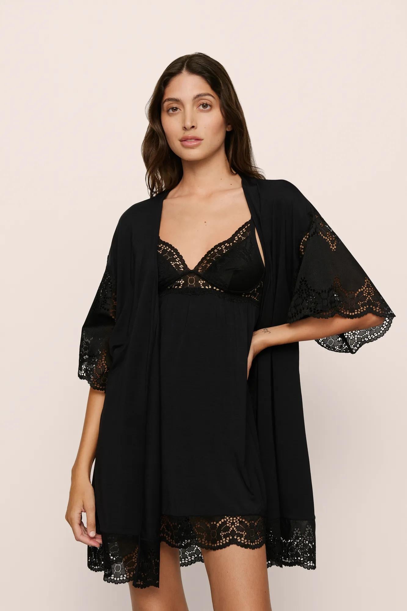 Model is wearing Beatrix TENCEL™ Modal Robe in Black