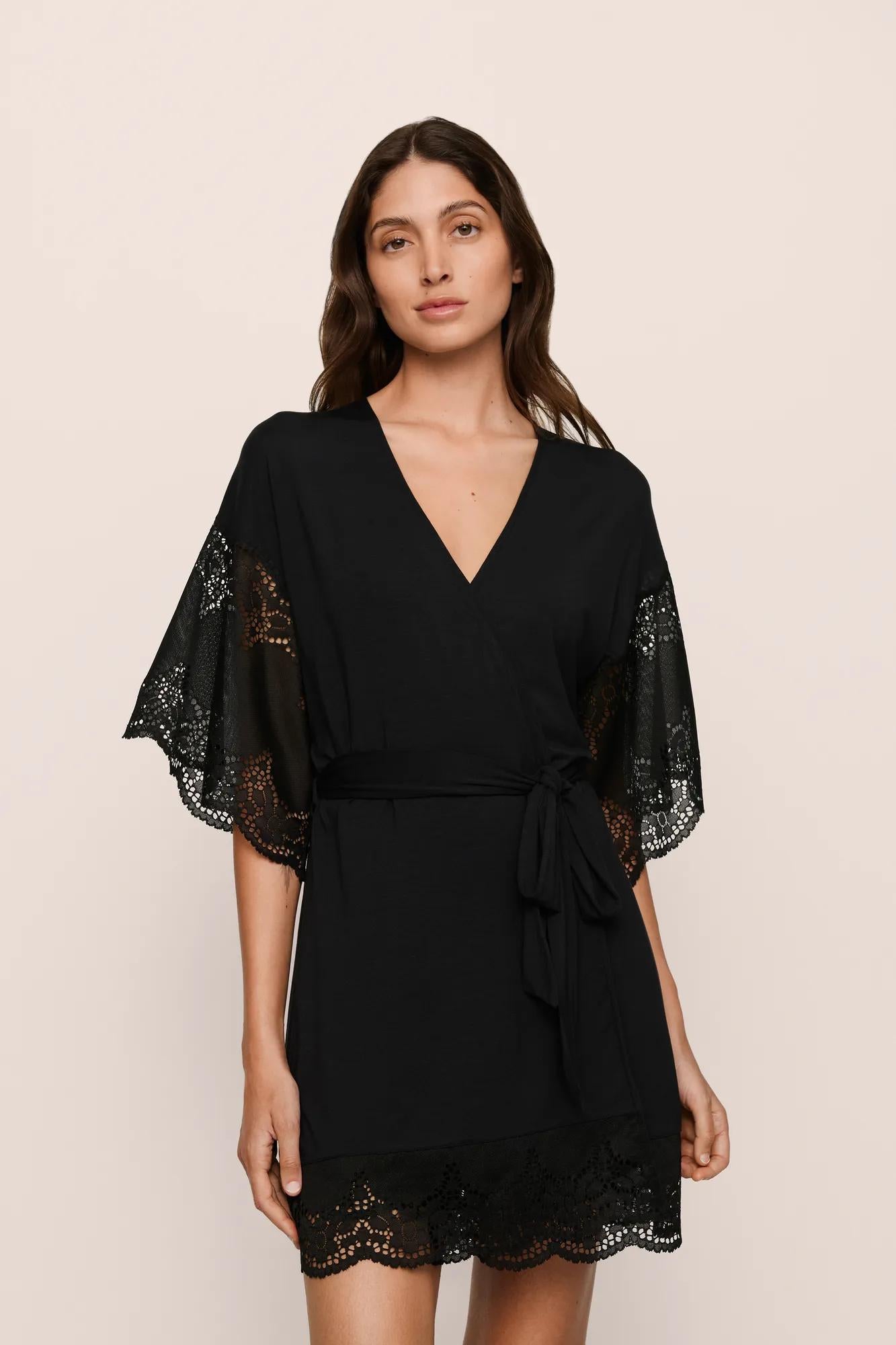Model is wearing Beatrix TENCEL™ Modal Robe in Black