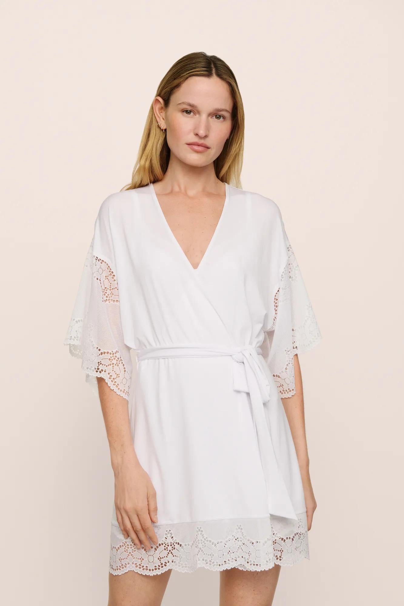 Model is wearing Beatrix TENCEL™ Modal Robe in White