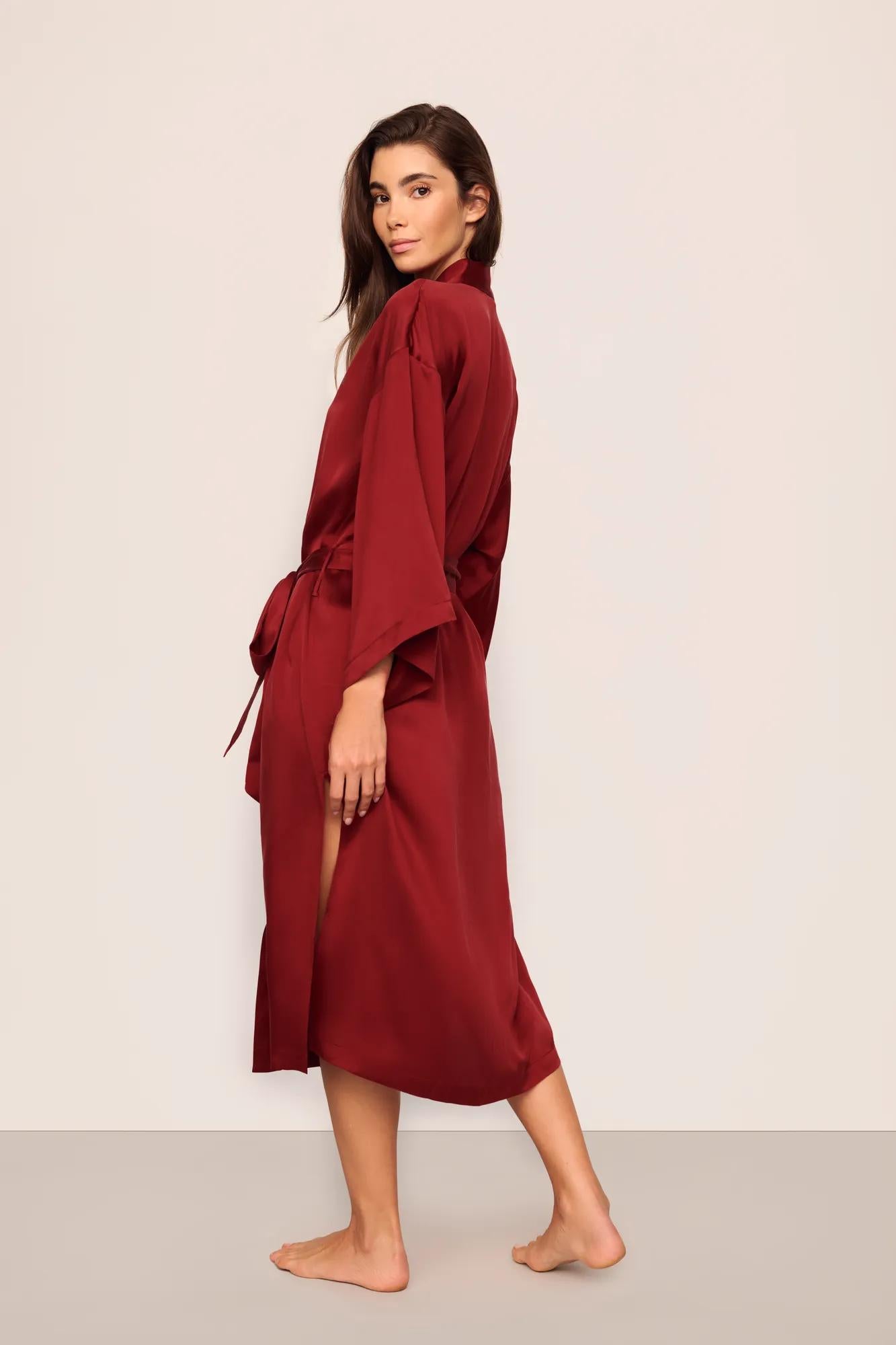Model is wearing Inez Washable Silk Robe in Merlot