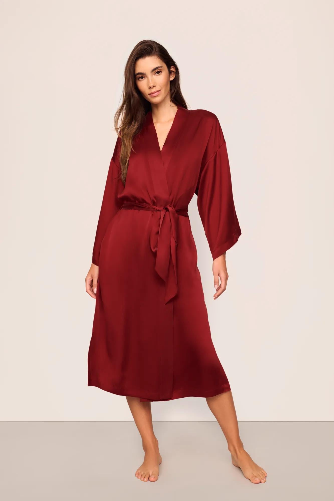 Model is wearing Inez Washable Silk Robe in Merlot