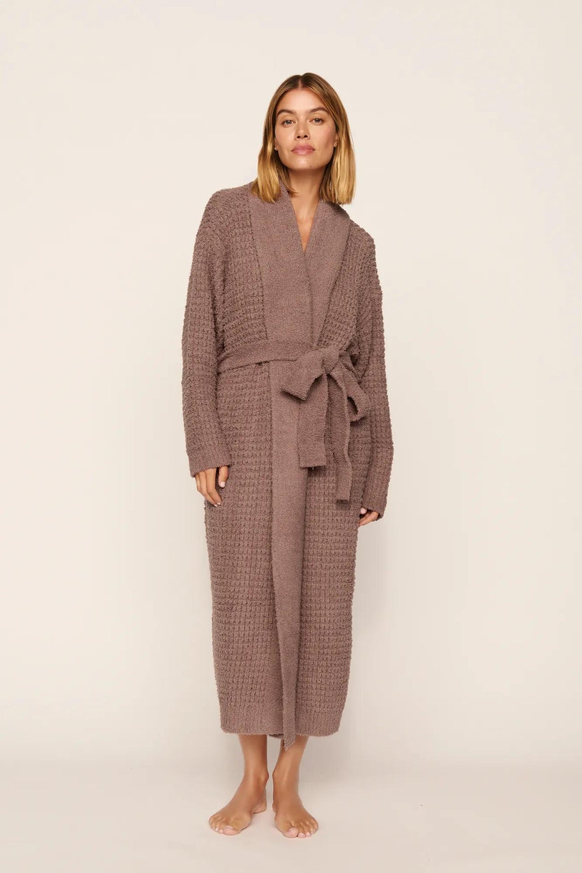 Model is wearing Recycled Boucle Robe in Deep Taupe