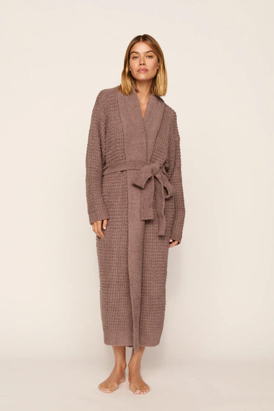 Model is wearing Recycled Boucle Robe in Deep Taupe