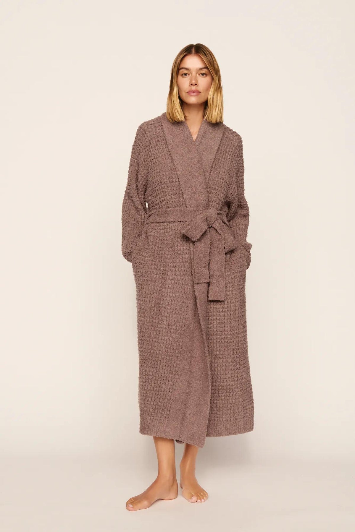 Model is wearing Recycled Boucle Robe in Deep Taupe