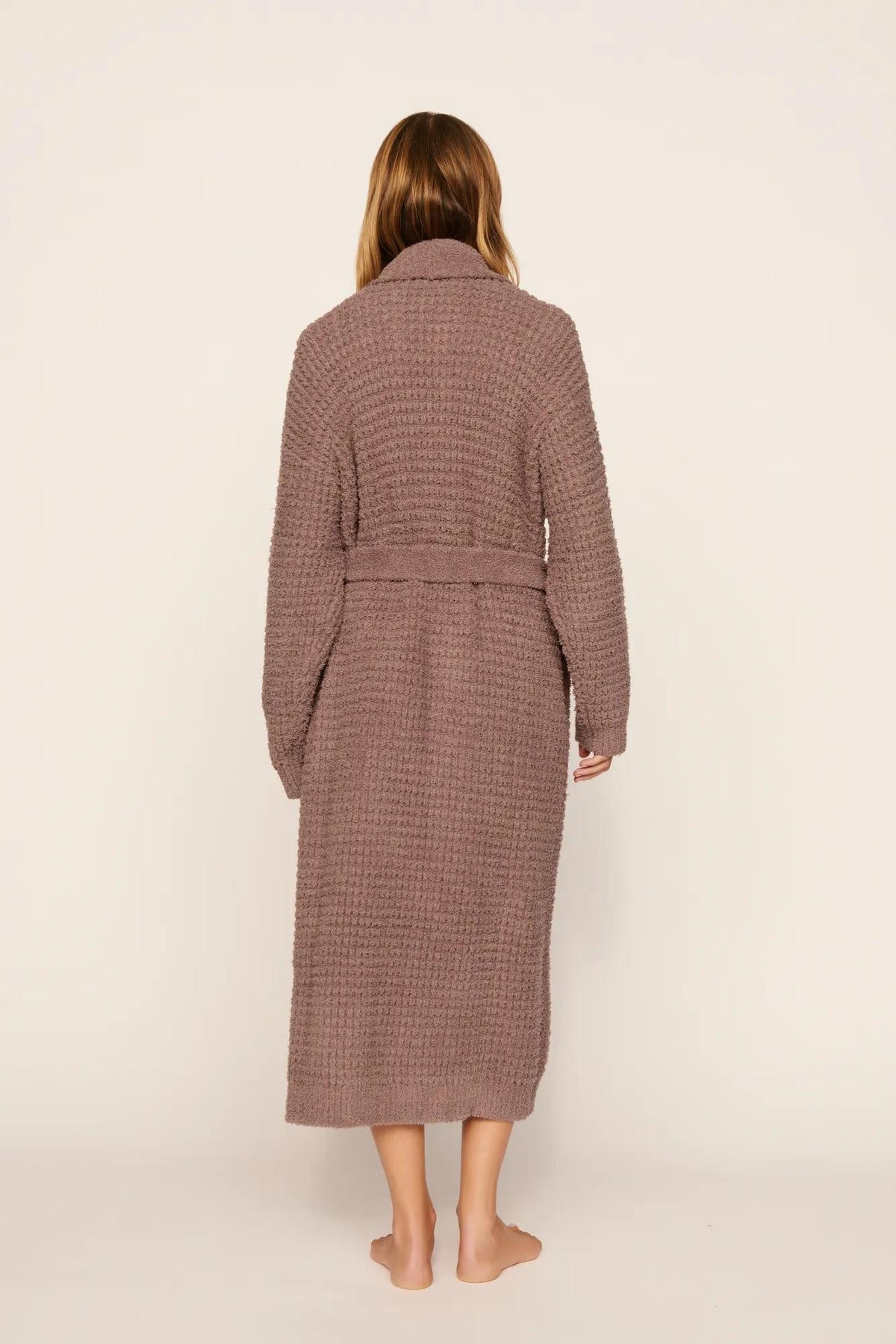 Model is wearing Recycled Boucle Robe in Deep Taupe