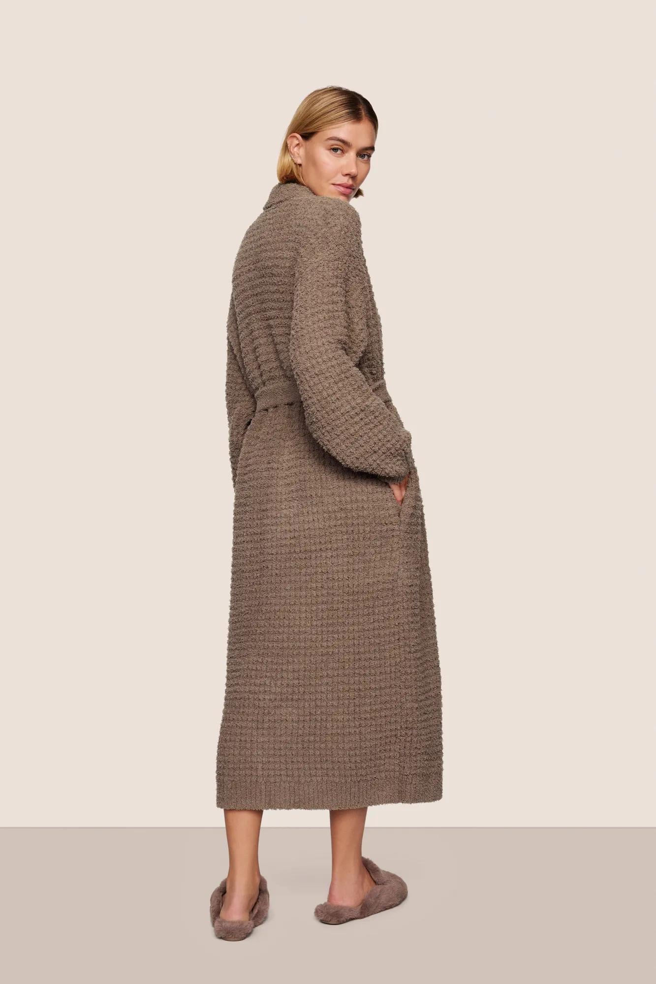 Model is wearing Recycled Boucle Robe  in Deep Taupe