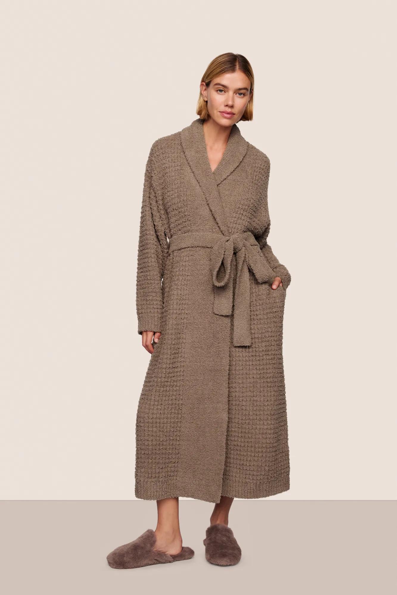 Model is wearing Recycled Boucle Robe  in Deep Taupe