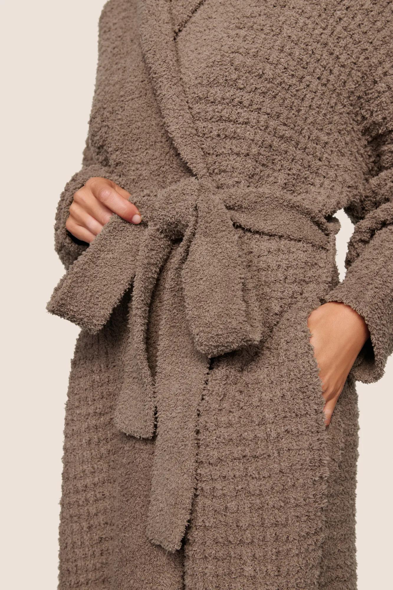 Model is wearing Recycled Boucle Robe  in Deep Taupe