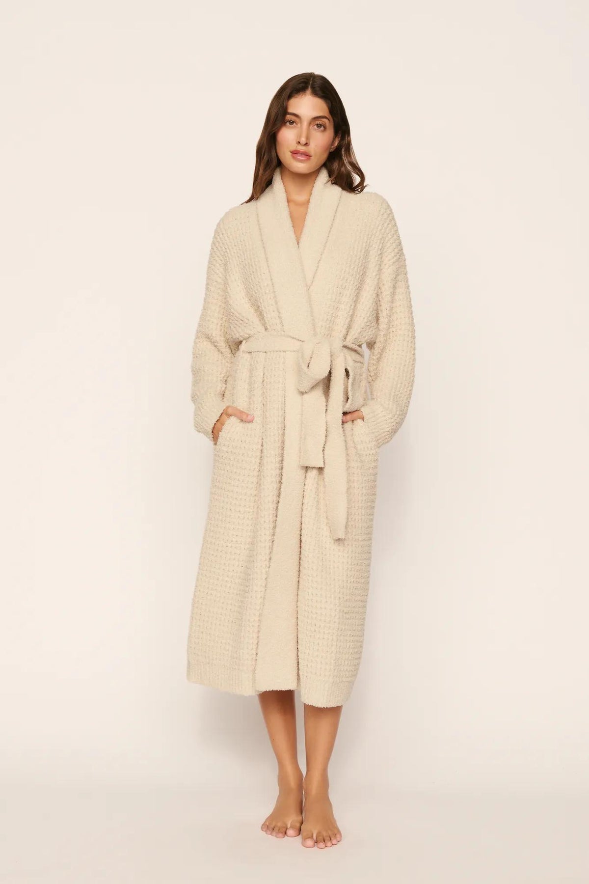 Model is wearing Recycled Boucle Robe in French Oak