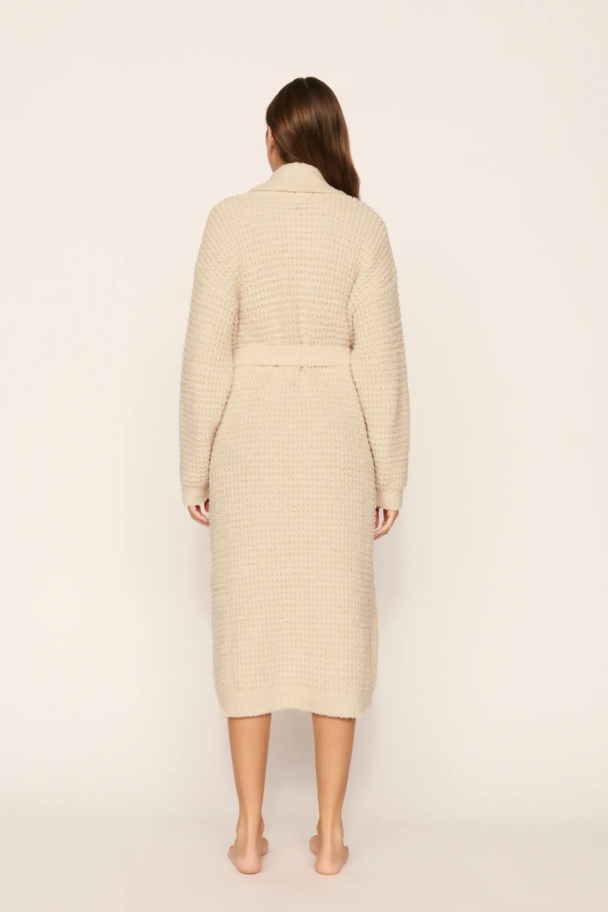 Model is wearing Recycled Boucle Robe in French Oak