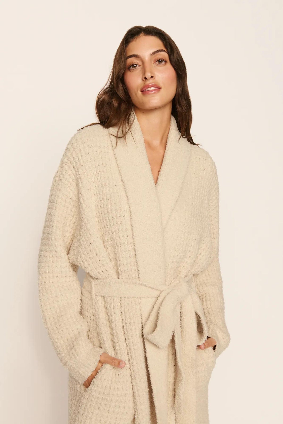 Model is wearing Recycled Boucle Robe in French Oak